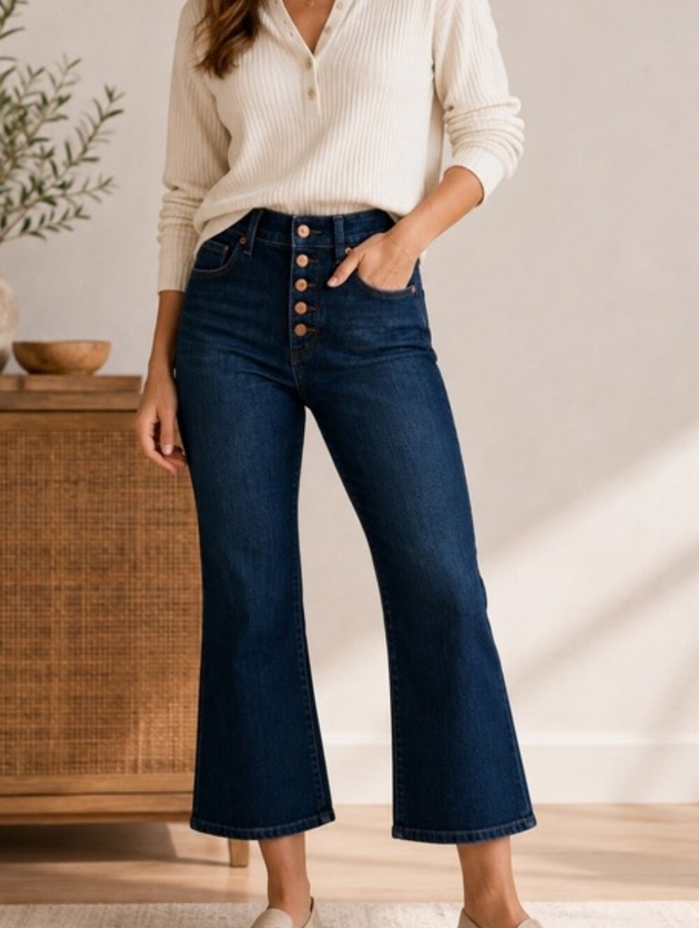 LOFT "The Kick Crop" Dark Wash Exposed Button Fly Jeans - Size 4 / 27